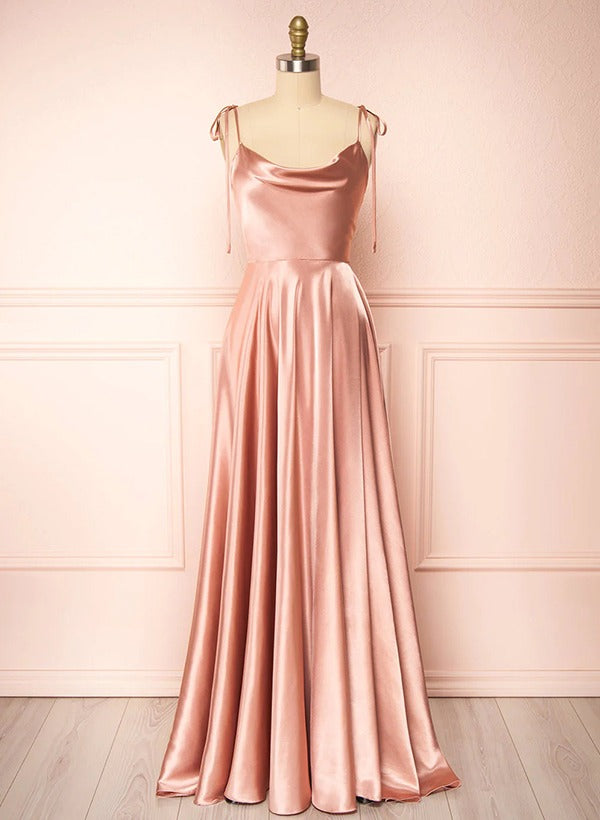 Satin Bridesmaid Dresses With High Split A-Line Cowl Neck Sexy Spaghetti Straps