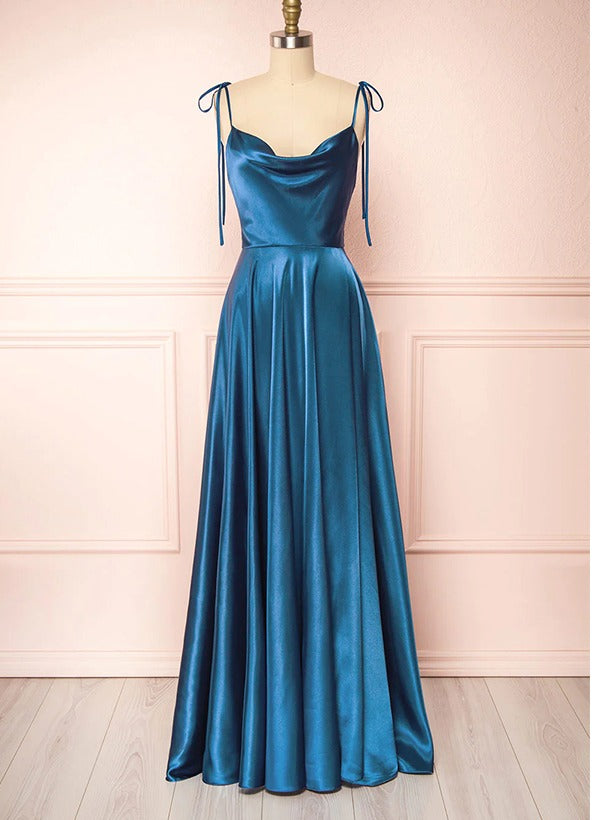 Cowl Neck Sexy Spaghetti Straps Satin Bridesmaid Dresses With High Split