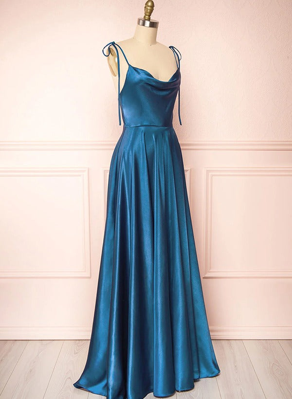 Cowl Neck Sexy Spaghetti Straps Satin Bridesmaid Dresses With High Split