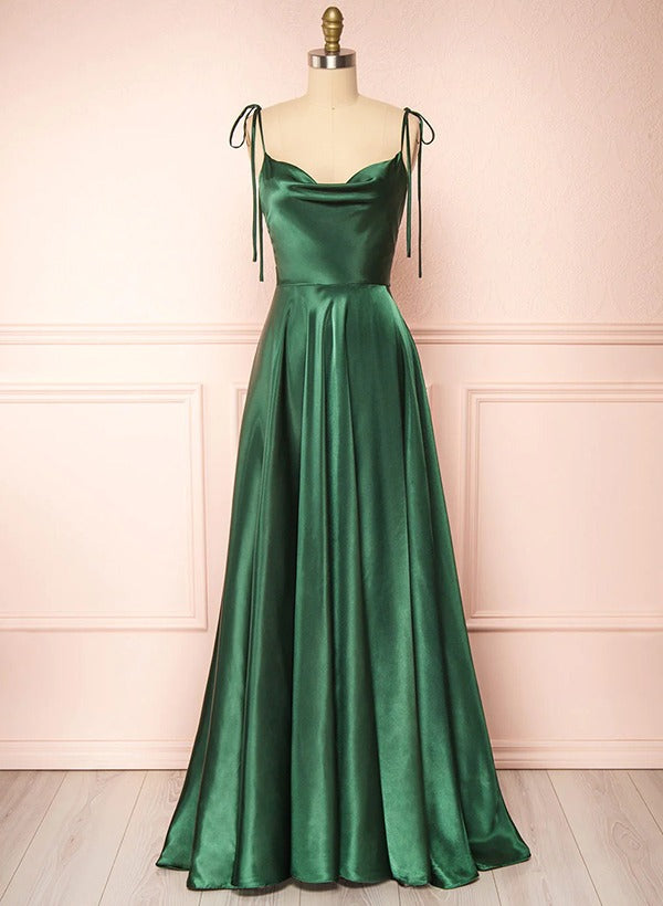 Satin Bridesmaid Dresses With High Split A-Line Cowl Neck Sexy Spaghetti Straps