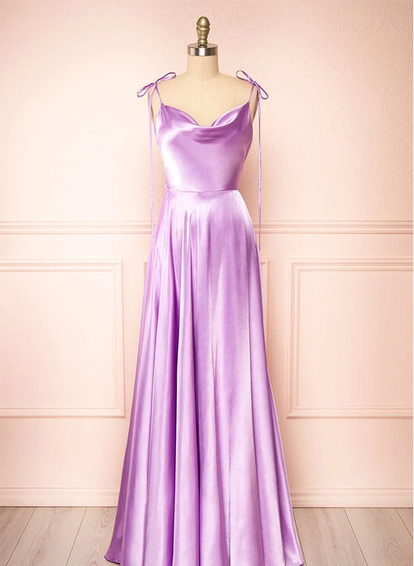 Satin Bridesmaid Dresses With High Split A-Line Cowl Neck Sexy Spaghetti Straps