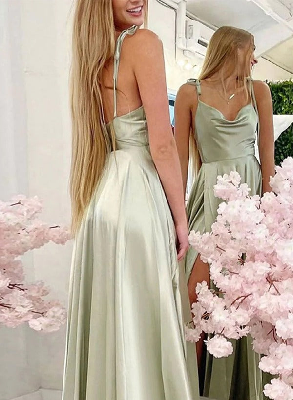 Satin Bridesmaid Dresses With High Split A-Line Cowl Neck Sexy Spaghetti Straps