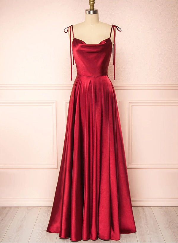 Cowl Neck Sexy Spaghetti Straps Satin Bridesmaid Dresses With High Split