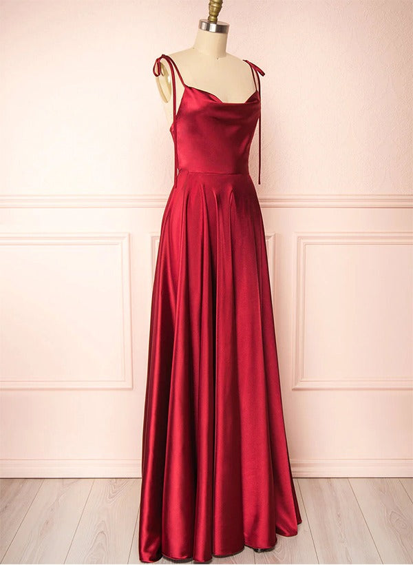 Cowl Neck Sexy Spaghetti Straps Satin Bridesmaid Dresses With High Split