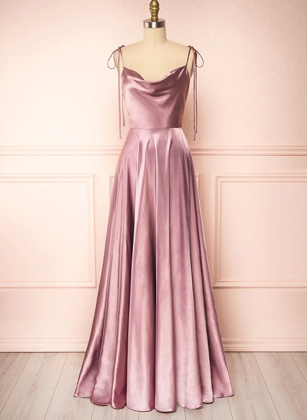 Satin Bridesmaid Dresses With High Split A-Line Cowl Neck Sexy Spaghetti Straps