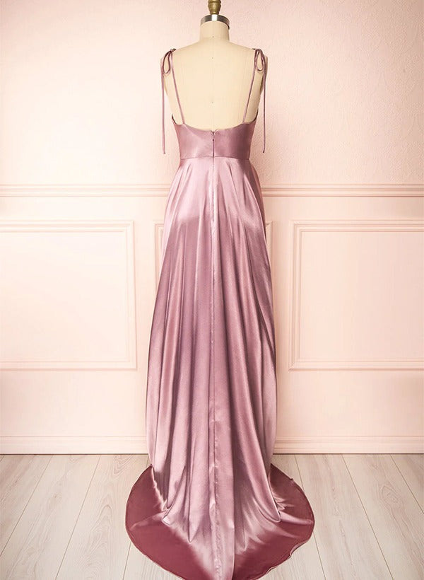 Satin Bridesmaid Dresses With High Split A-Line Cowl Neck Sexy Spaghetti Straps