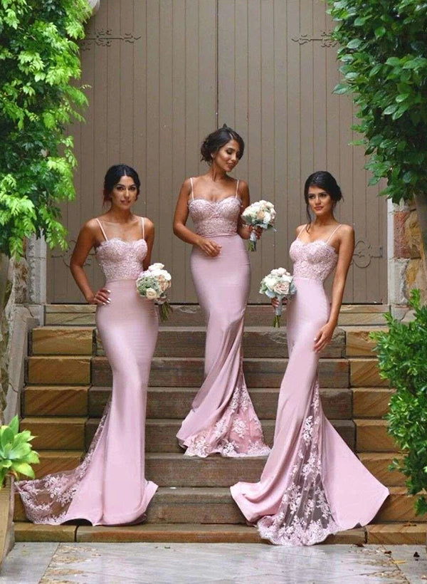 Trumpet Mermaid Sweetheart Satin Bridesmaid Dresses Appliques Lace