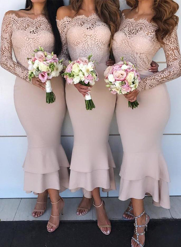 Off-The-Shoulder Long Sleeves Lace/Satin Bridesmaid Dresses - Trumpet/Mermaid