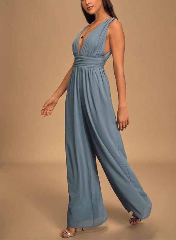 V-Neck Sleeveless Floor-Length Chiffon Bridesmaid Dresses in Jumpsuit/Pantsuit Style