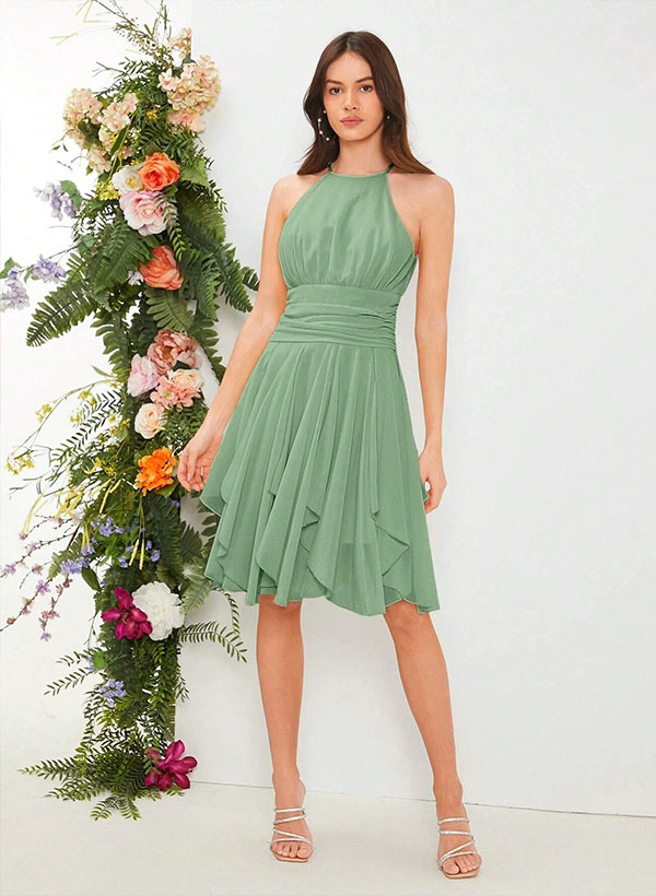 Ruffle A-Line Halter Sleeveless Knee-length Chiffon Bridesmaid Dresses