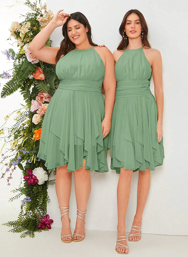 Ruffle A-Line Halter Sleeveless Knee-length Chiffon Bridesmaid Dresses