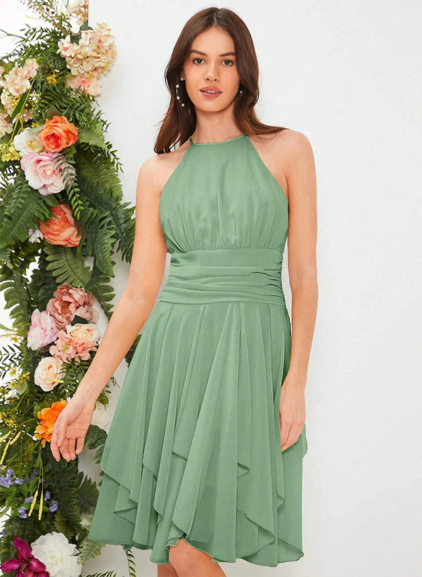 Ruffle A-Line Halter Sleeveless Knee-length Chiffon Bridesmaid Dresses