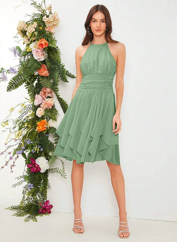 Ruffle A-Line Halter Sleeveless Knee-length Chiffon Bridesmaid Dresses