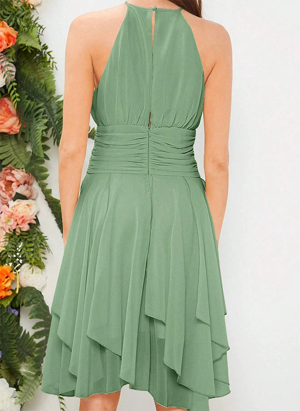 Ruffle A-Line Halter Sleeveless Knee-length Chiffon Bridesmaid Dresses