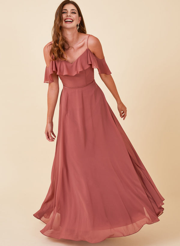 Off-the-Shoulder Bridesmaid Dresses With Chiffon and Sweet Ruffles