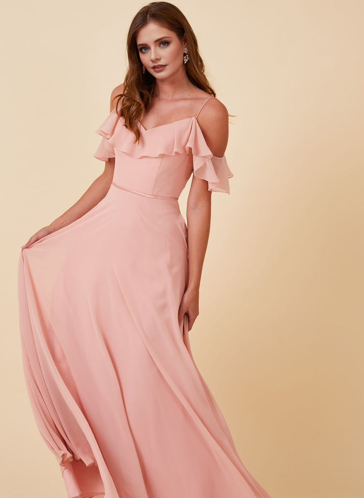 Off-the-Shoulder Bridesmaid Dresses With Chiffon and Sweet Ruffles