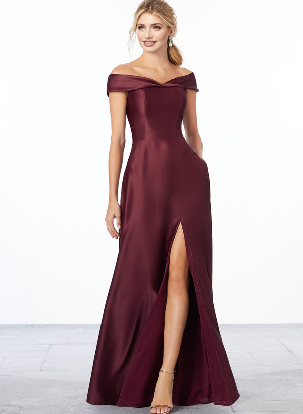 Off-The-Shoulder A-Line Bridesmaid Dresses With Pockets in Red Satin