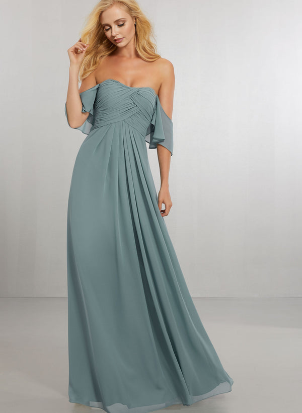 A-Line Off-The-Shoulder Short Sleeve Floor-Length Chiffon Bridesmaid Dress