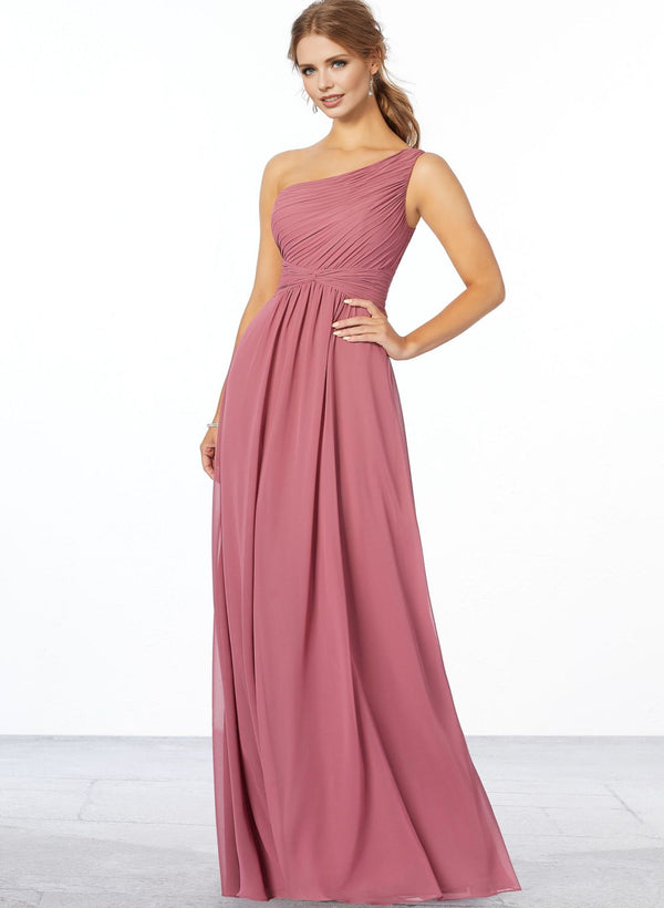 A-Line One-Shoulder Sleeveless Floor-Length Chiffon Bridesmaid Dresses