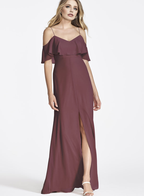 Cabernet Sheath/Column Bridesmaid Dresses With Slit and Cascading Ruffles