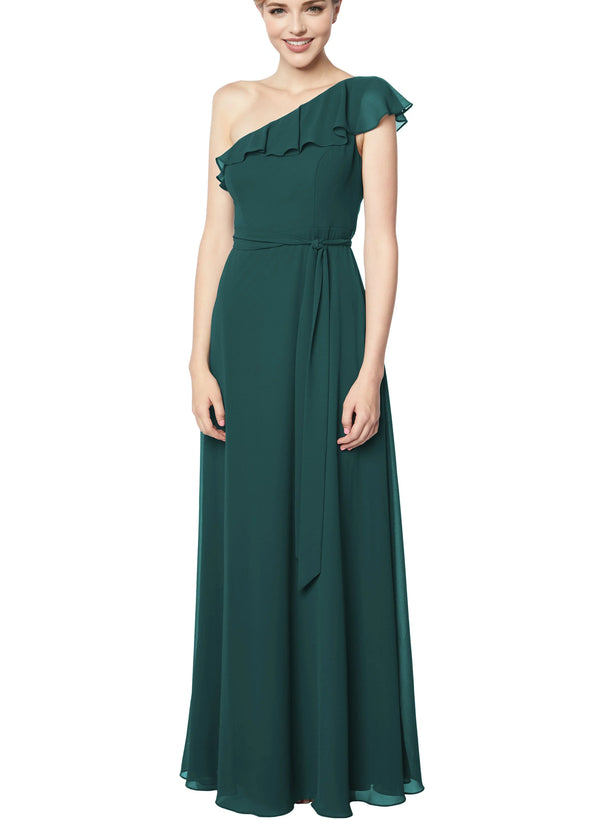 Green Chiffon A-Line Bridesmaid Dress With Cascading Ruffles