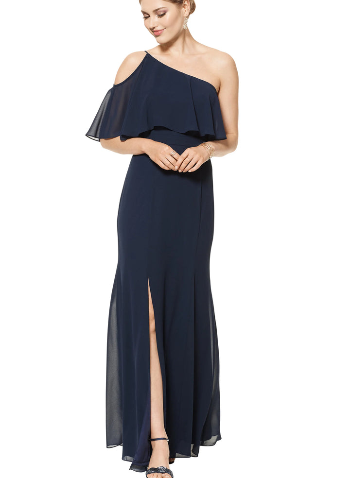 Navy One-Shoulder Sheath/Column Slit Bridesmaid Dresses With Ruffle