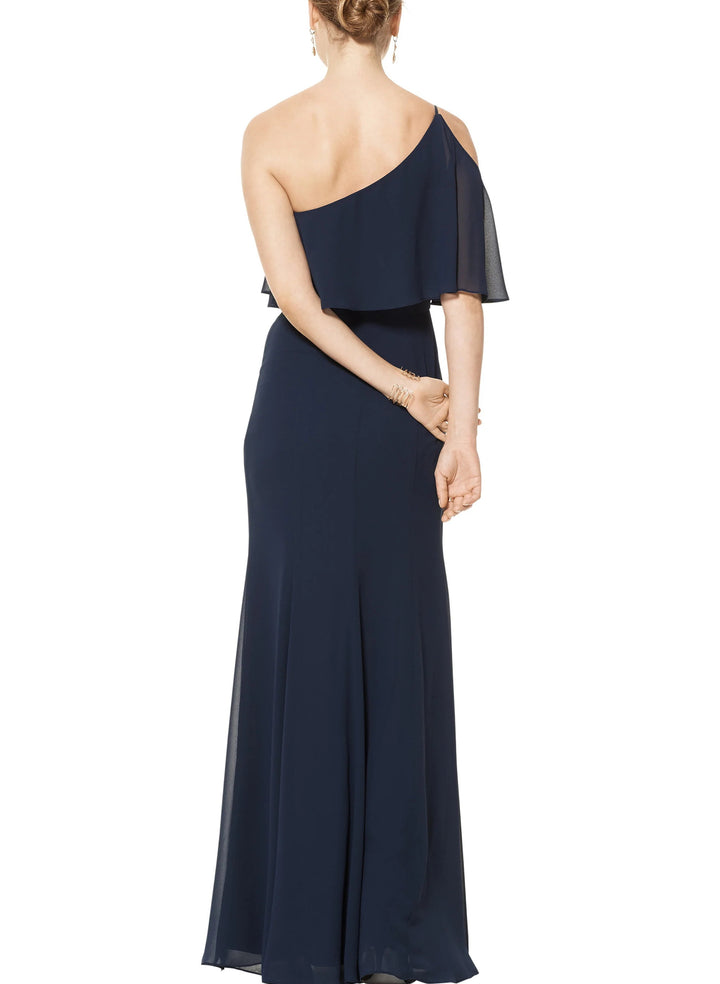 Navy One-Shoulder Sheath/Column Slit Bridesmaid Dresses With Ruffle