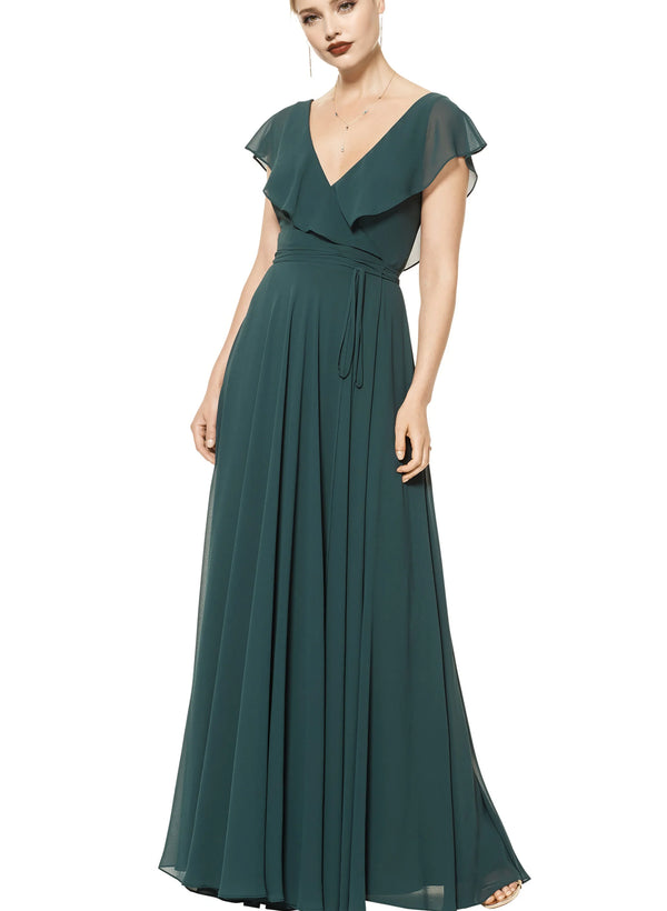 A-Line Long V-Neck Bridesmaid Dresses With Open Back in Green