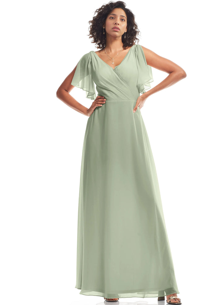 Chiffon Celadon V-Neck A-Line Floor-Length Bridesmaid Dresses