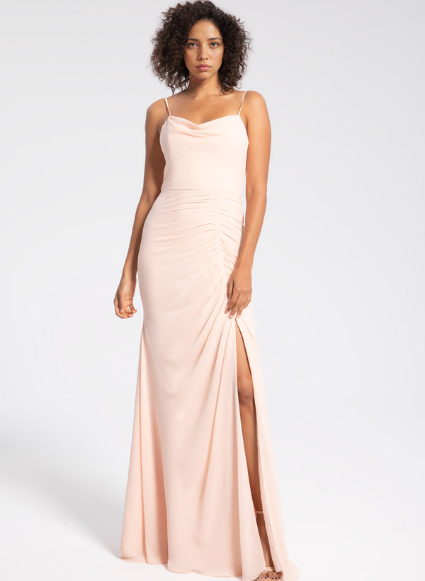 Pink Bridesmaid Dresses With Ruffle Cowl Neck Slit Trumpet/Mermaid