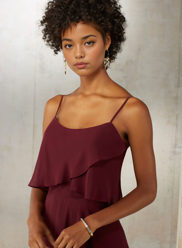 Cabernet Spaghetti Straps A-Line Bridesmaid Dresses With Cascading Ruffles