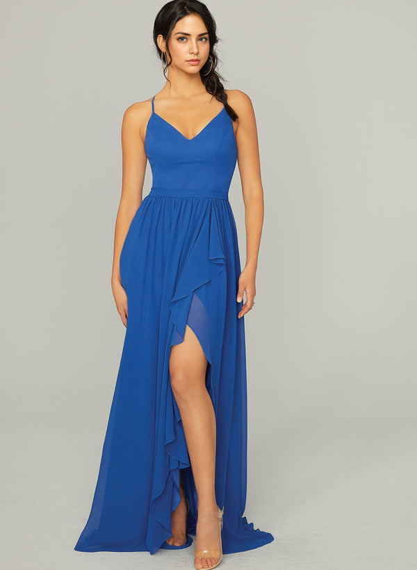 Blue Bridesmaid Dresses With A-Line Silhouette And Cascading Ruffles