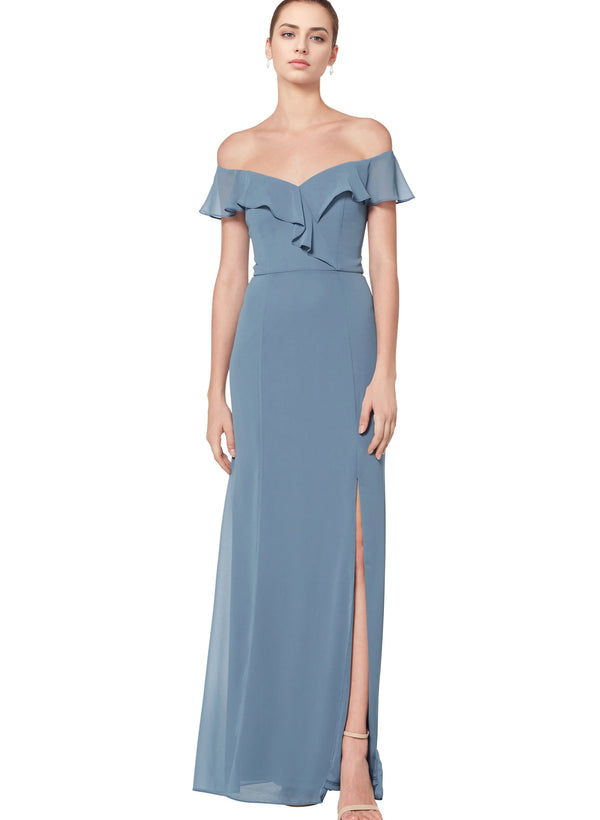 Off-The-Shoulder Sheath/Column Bridesmaid Dresses with Split Front in Blue