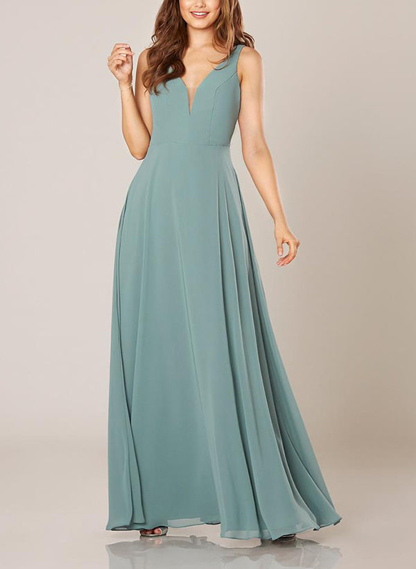 A-Line V-Neck Floor-Length Chiffon Bridesmaid Dresses With Pleated