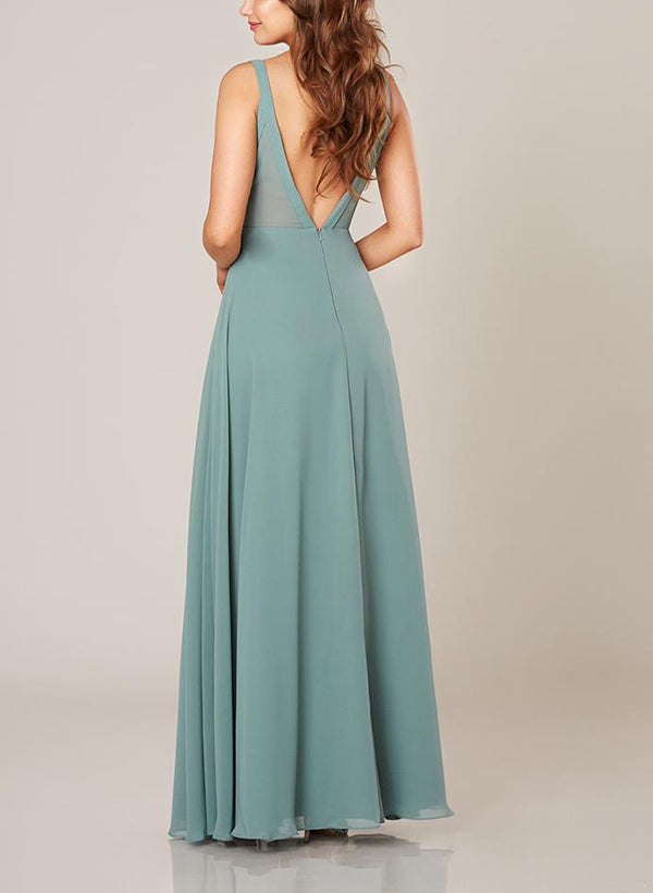 A-Line V-Neck Floor-Length Chiffon Bridesmaid Dresses With Pleated