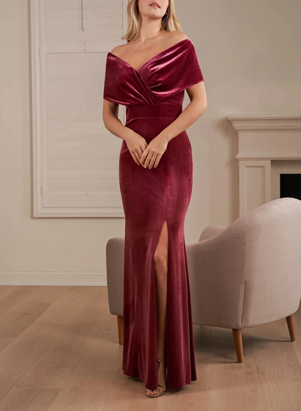 Velvet Trumpet/Mermaid Bridesmaid Dress in Burgundy with Cap Shoulders and Front Split