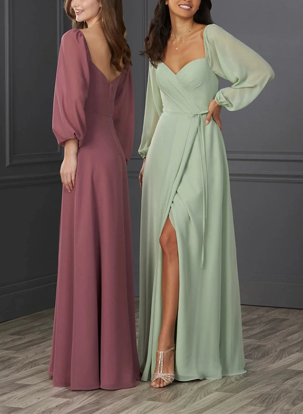 Sweetheart Long Sleeves Chiffon Bridesmaid Dresses With Split Front