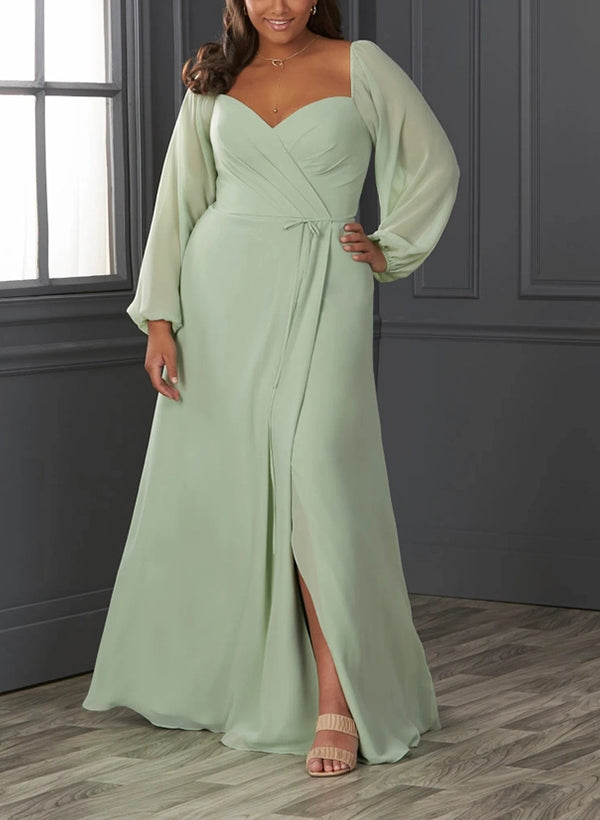 Sweetheart Long Sleeves Chiffon Bridesmaid Dresses With Split Front