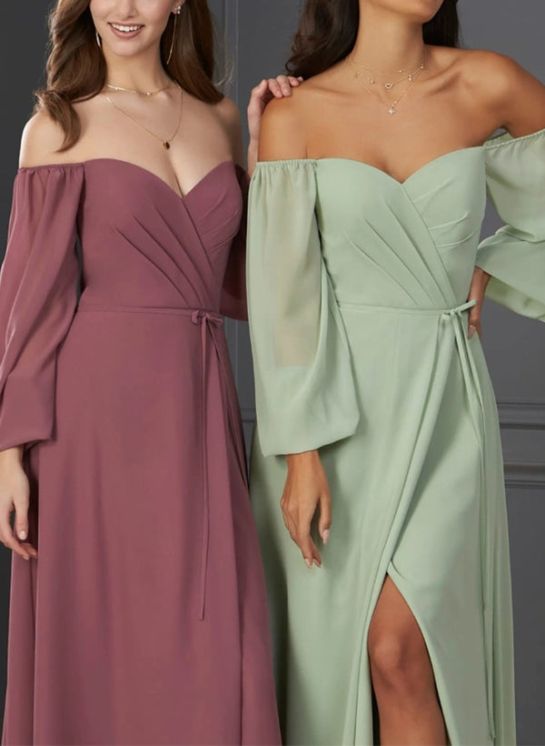 Sweetheart Long Sleeves Chiffon Bridesmaid Dresses With Split Front