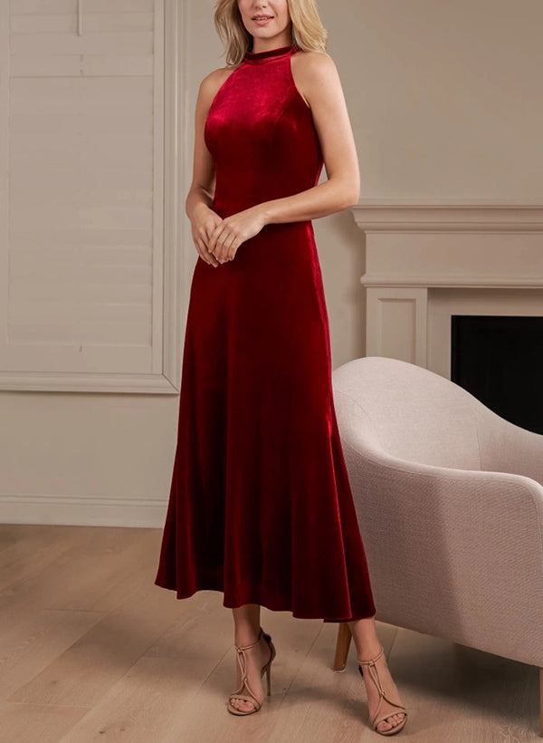 A-Line Halter Sleeveless Ankle-Length Velvet Bridesmaid Dresses