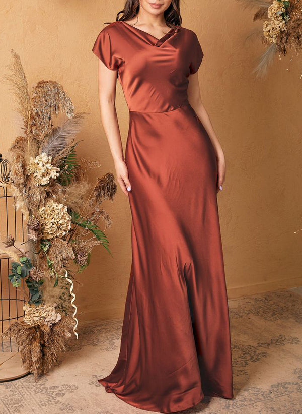 Satin Rust Cowl Neck Sheath/Column Bridesmaid Dresses Short Sleeves