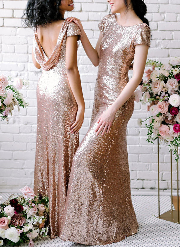 Elegant Sheath/Column Bridesmaid Dresses with Short Sleeves in Rose Gold Sequins