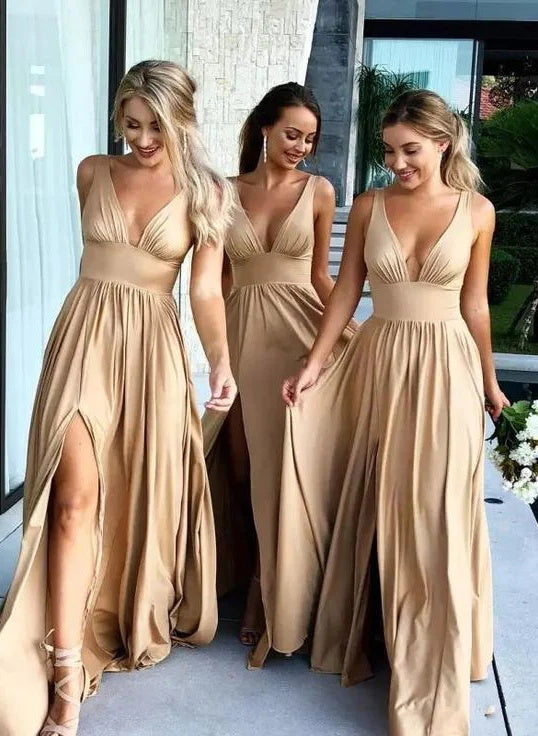 Long A-Line V-Neck Slit Bridesmaid Dresses in Champagne Elastic Satin