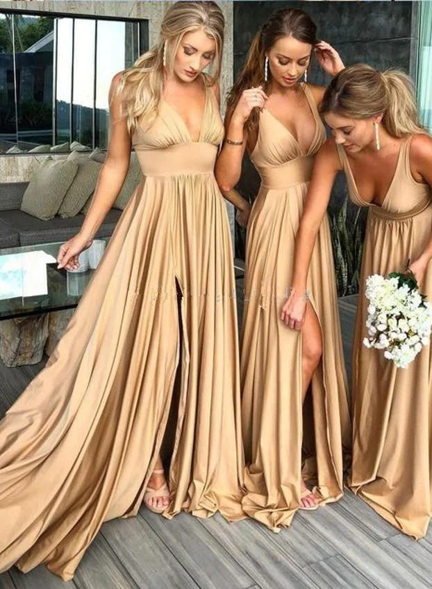 Long A-Line V-Neck Slit Bridesmaid Dresses in Champagne Elastic Satin