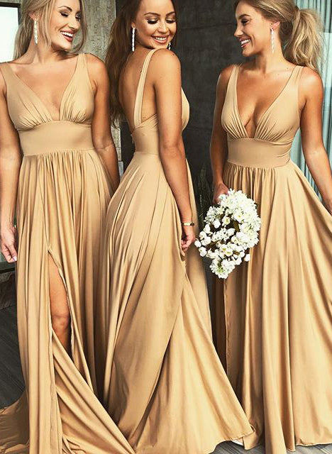 Long A-Line V-Neck Slit Bridesmaid Dresses in Champagne Elastic Satin