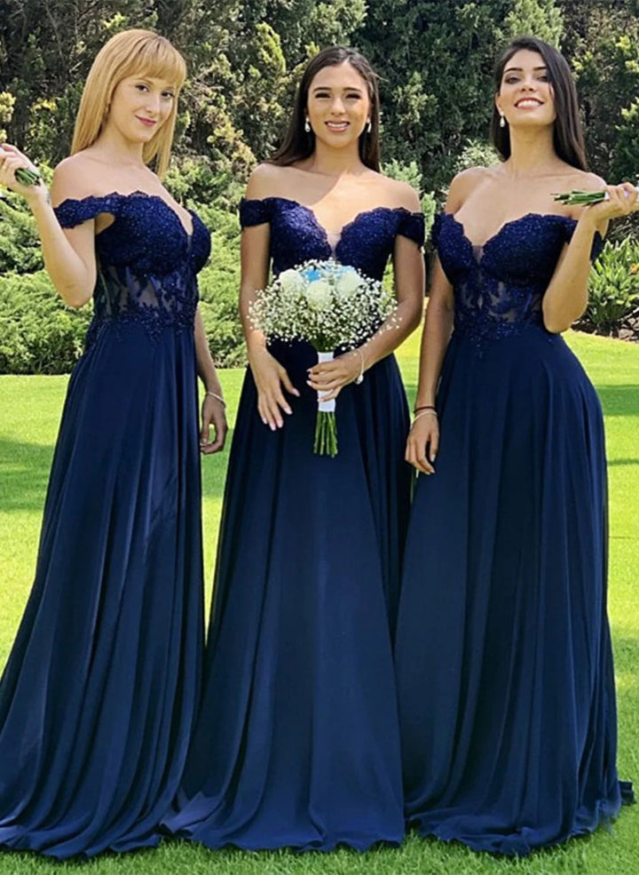 Off-The-Shoulder A-Line Navy Bridesmaid Dresses With Beading