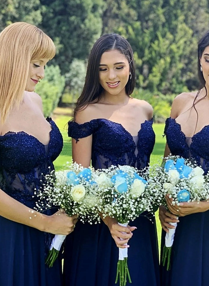 Off-The-Shoulder A-Line Navy Bridesmaid Dresses With Beading