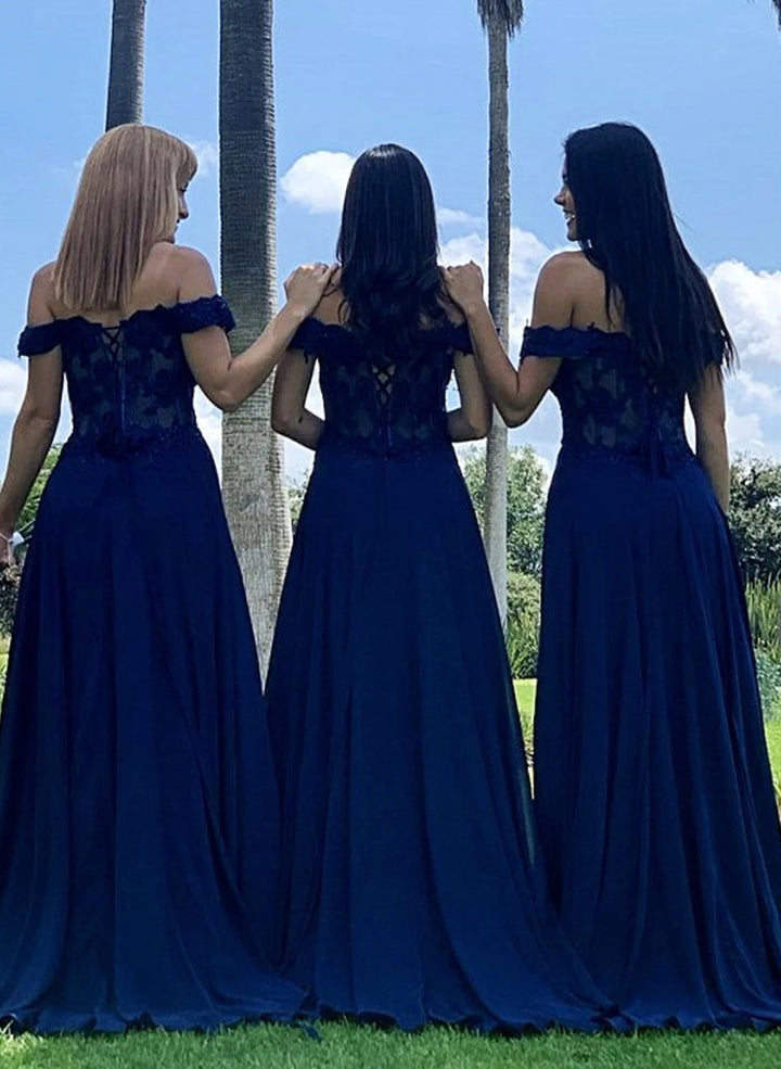 Off-The-Shoulder A-Line Navy Bridesmaid Dresses With Beading