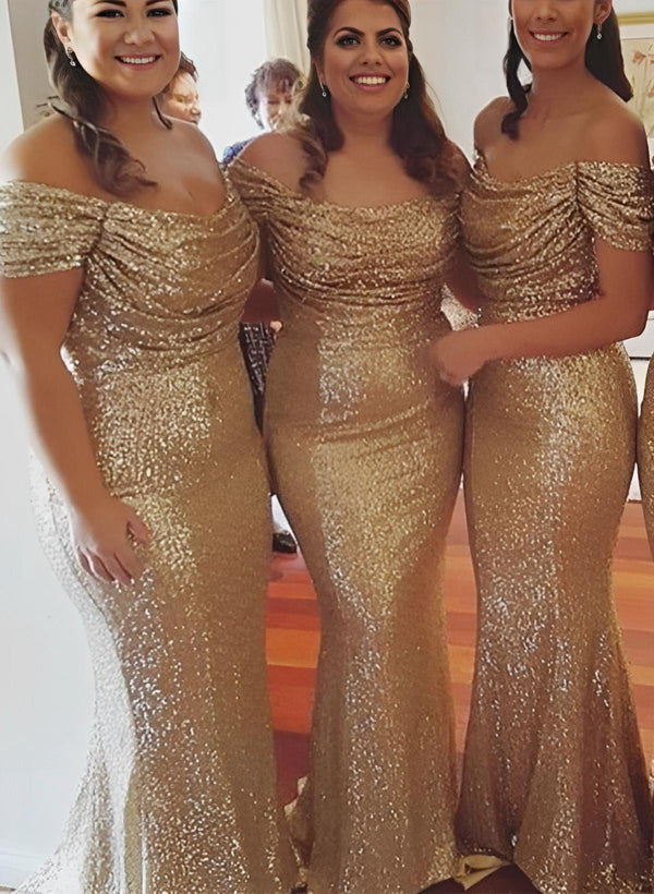 Sequined Gold Off-The-Shoulder Trumpet/Mermaid Bridesmaid Dresses Ruffle