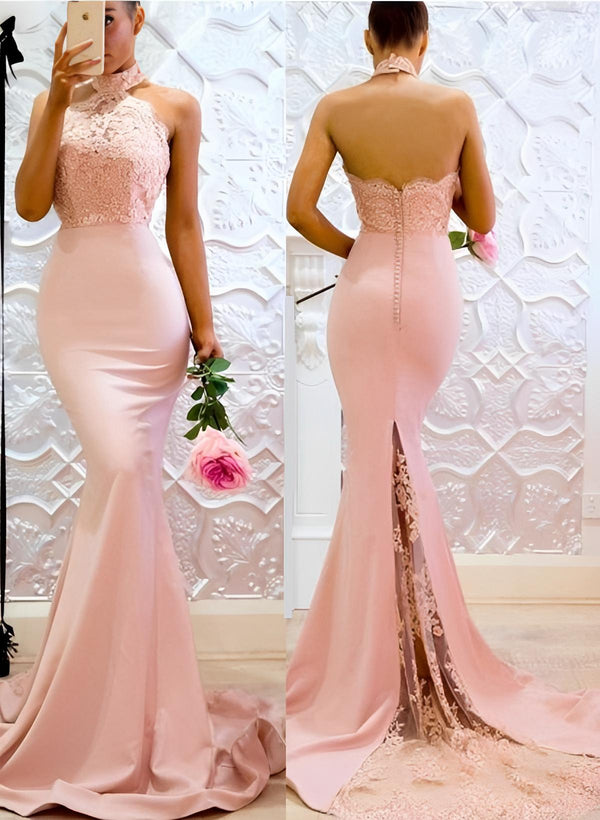 Mermaid Halter Open Back Bridesmaid Dresses With Elastic Satin and Lace